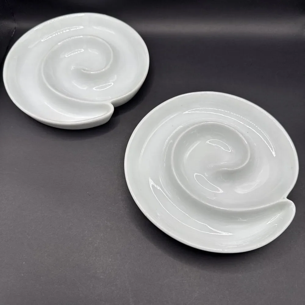 Set of 2 Crate and Barrel White Porcelain Swirl Appetizer Dishes 7